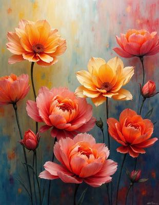 The primary subject of the image is a bouquet of flowers, with a focus on the vibrant colors and intricate details of the flowers. The setting is a painting, which showcases the artist's skill in capturing the beauty of the flowers. The visual style is a combination of realism and artistic expression, creating a captivating and lively atmosphere. The colors and mood of the painting are predominantly warm and inviting, with the flowers serving as a symbol of life and vitality.